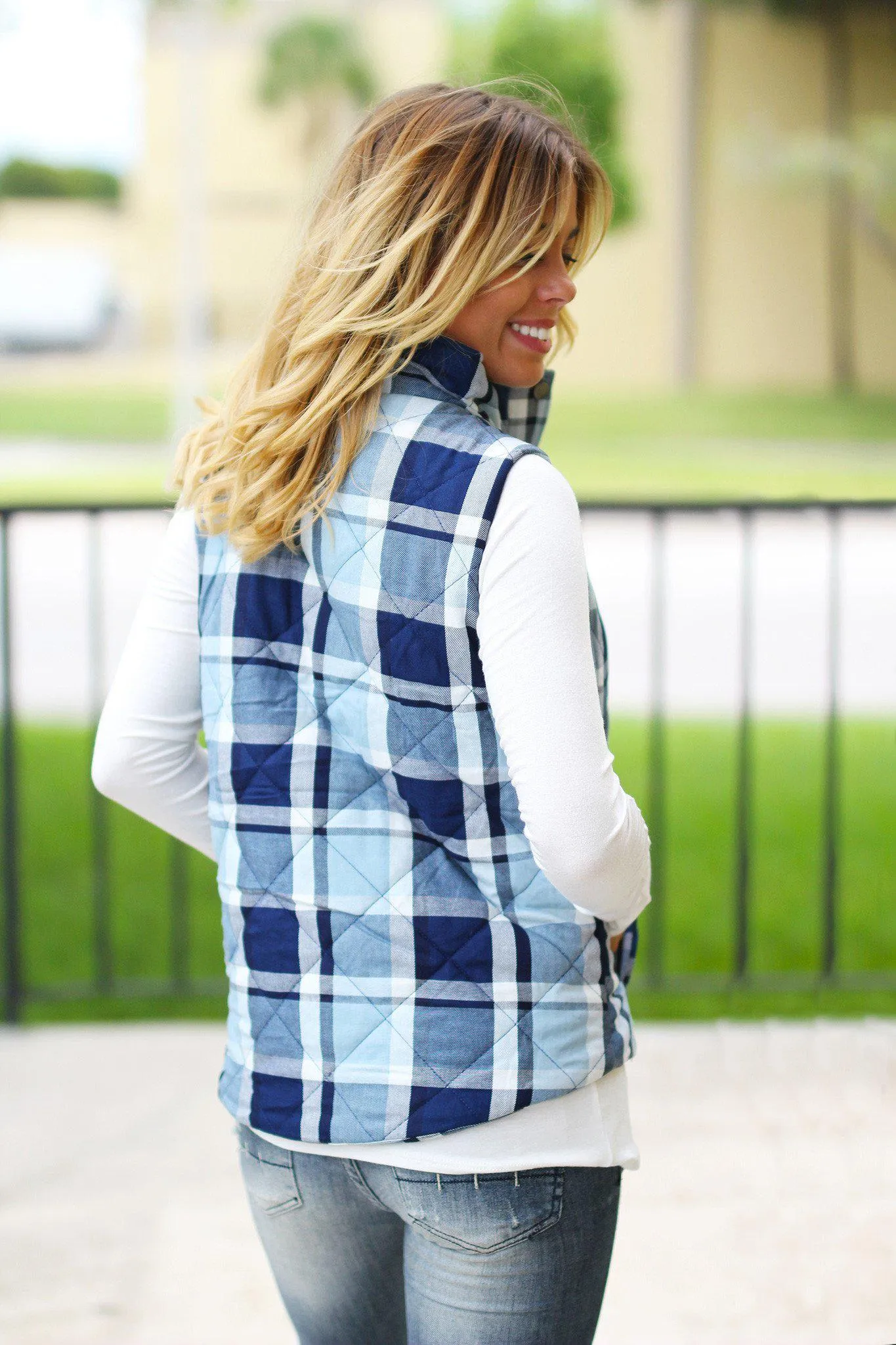 Blue Plaid Vest With Pockets