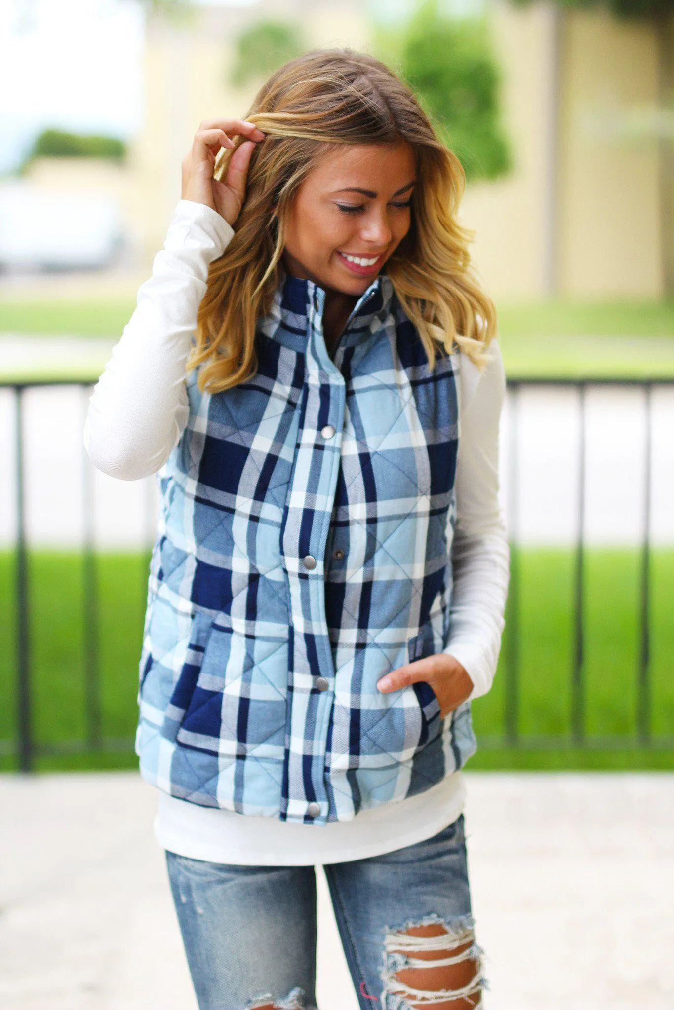 Blue Plaid Vest With Pockets