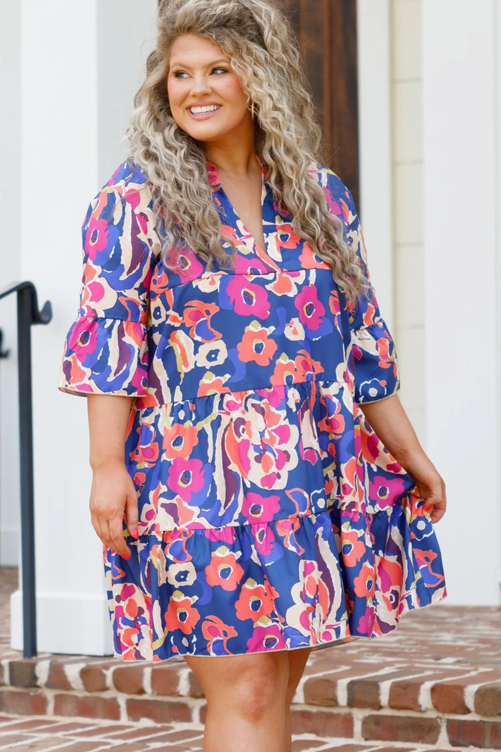 Blue Plus Size Floral Print Bell Sleeve Mini Dress