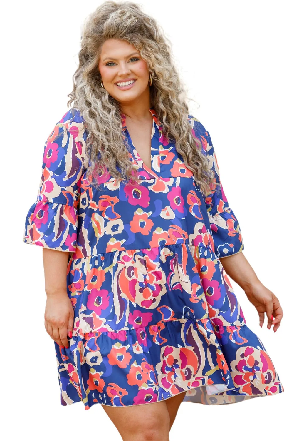 Blue Plus Size Floral Print Bell Sleeve Mini Dress