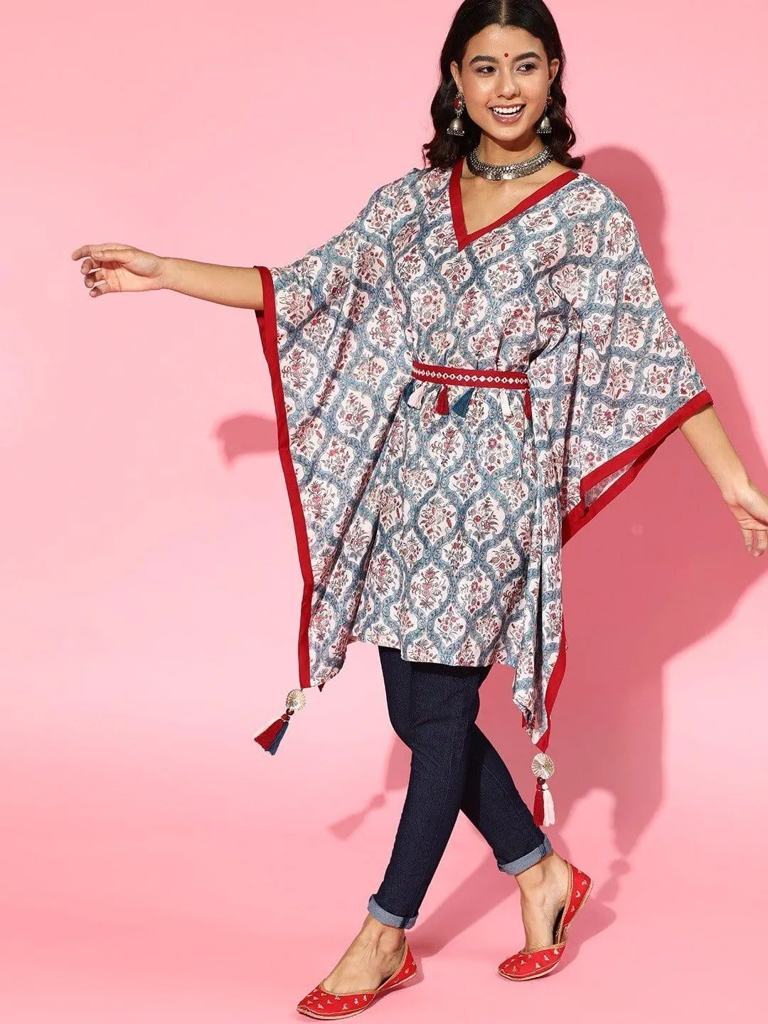 Blue Printed Kaftan With Embroidered Belt