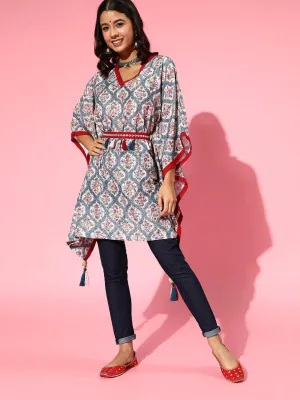 Blue Printed Kaftan With Embroidered Belt