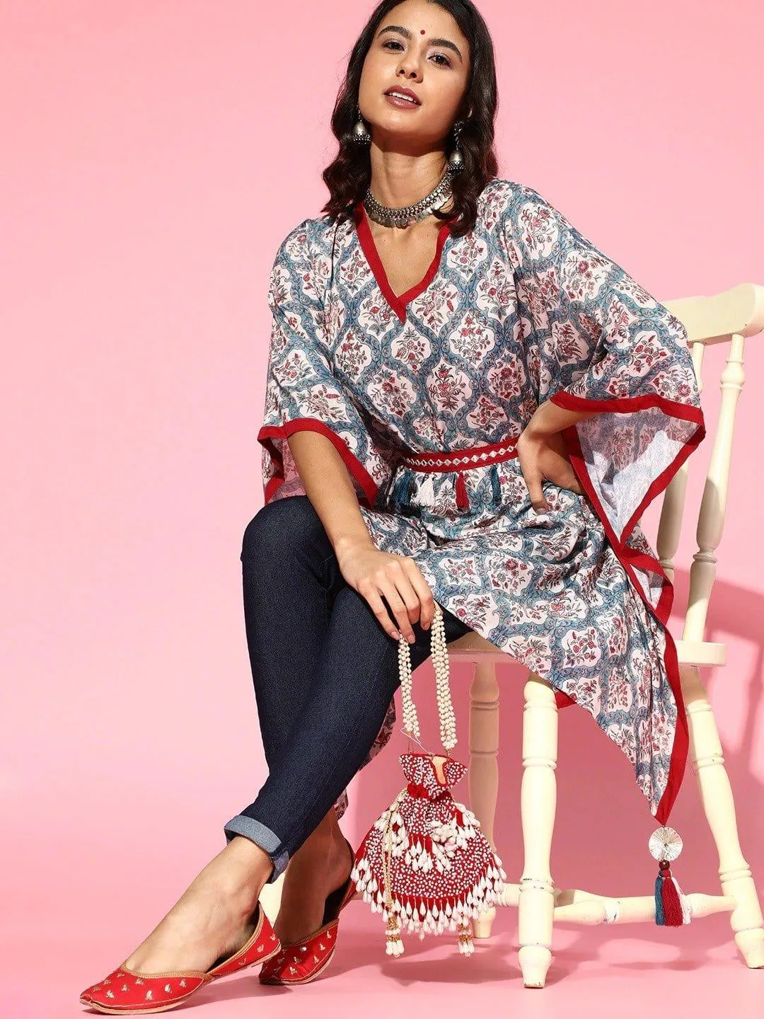 Blue Printed Kaftan With Embroidered Belt