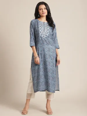 Blue Printed Kurta With Gota Embellishment On Yoke And 3/4Th Sleeves