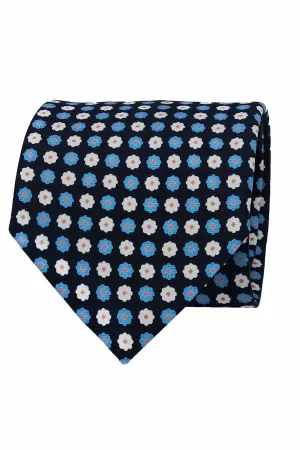 Blue printed silk tie with light blue and white floral pattern