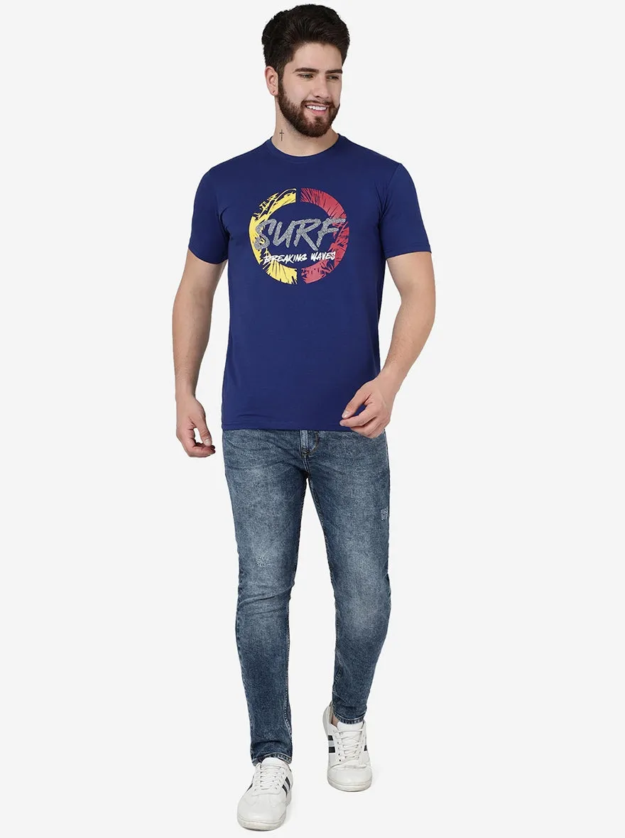 Blue Printed Slim Fit T-Shirt | JadeBlue