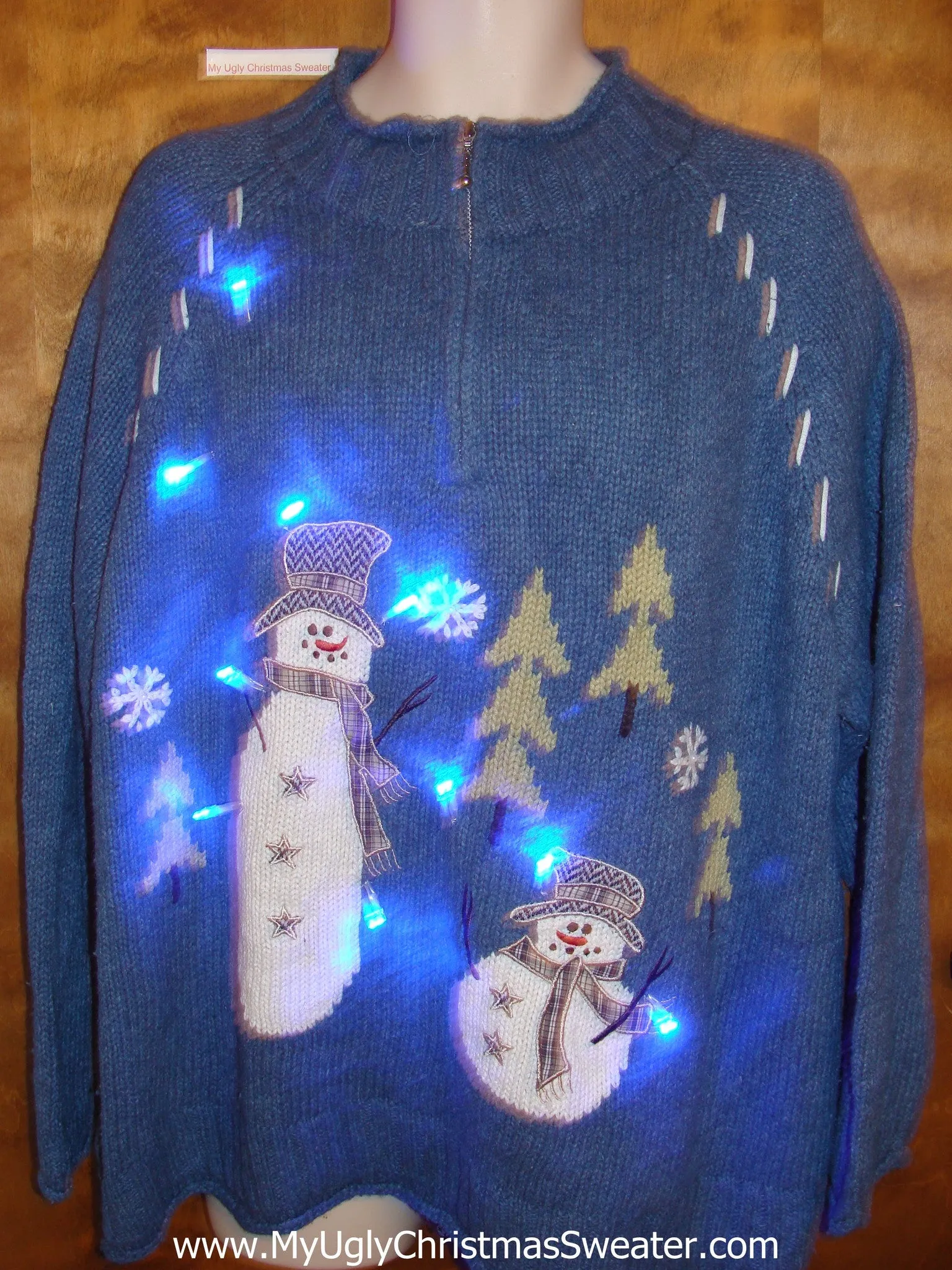 Blue Pullover with Snowmen Light Up Ugly Xmas Sweater