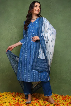 Blue Pure Cotton Ethnic Motifs Printed Straight Suit Set