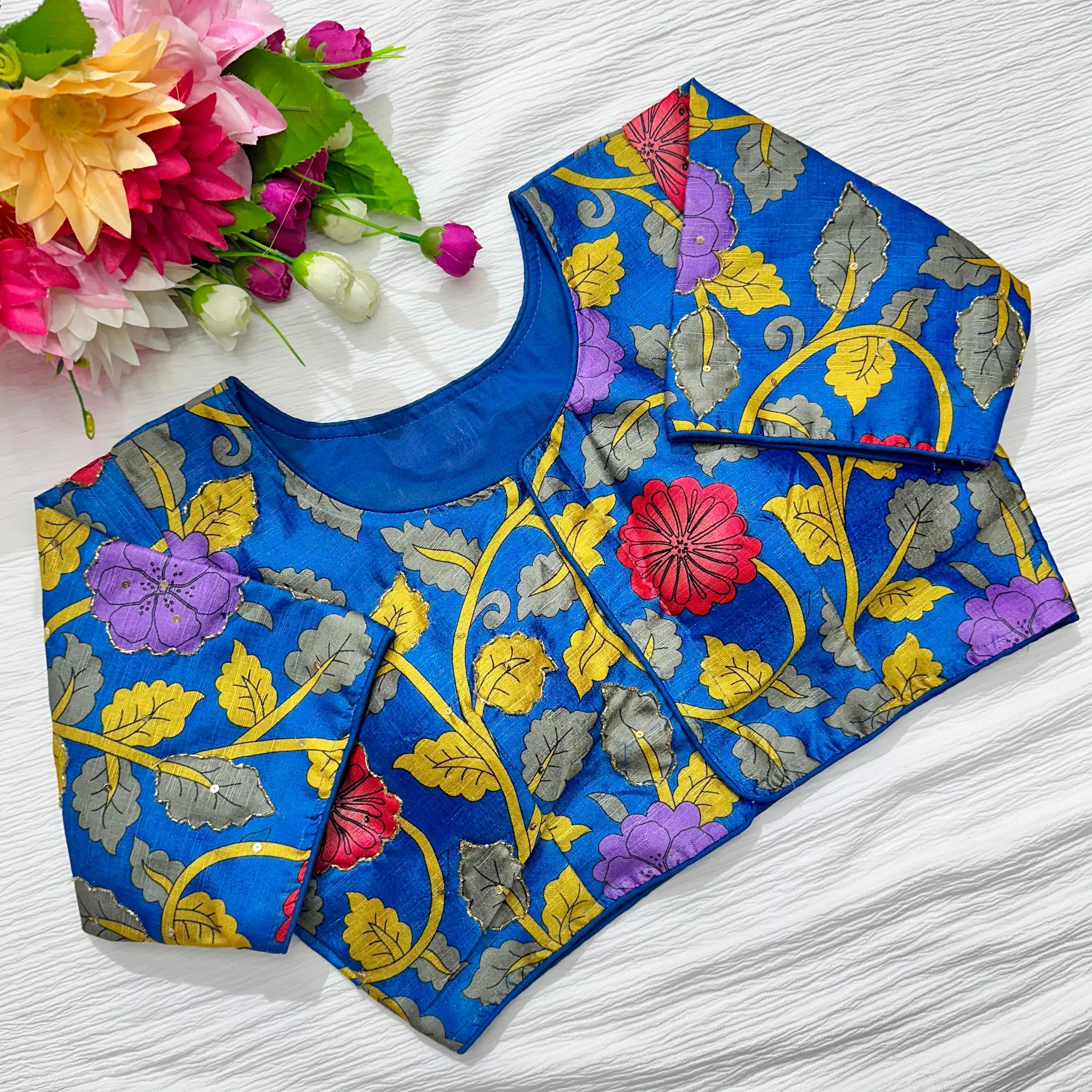 Blue Pure Silk Blouse with Antique Handcrafted Detailing