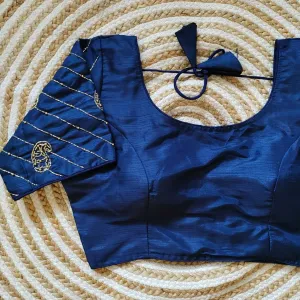 Blue Pure Silk Blouse with Handcrafted Sleeves and Back Opening