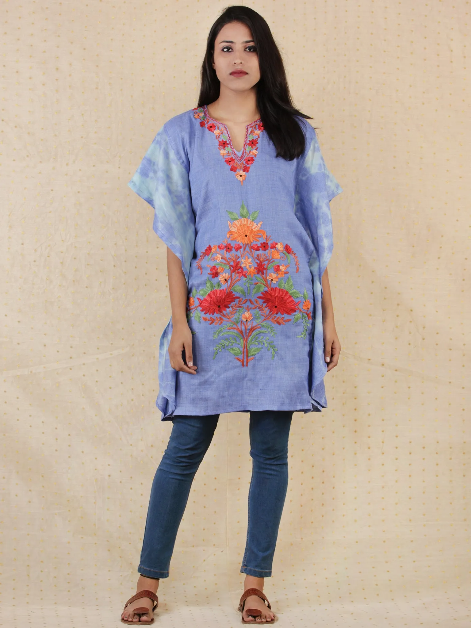 Blue Red Orange Green Aari Embroidered Short Kashmere Kaftan  - K11K066