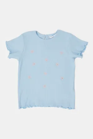 Blue Rib T-Shirt With Embroidery