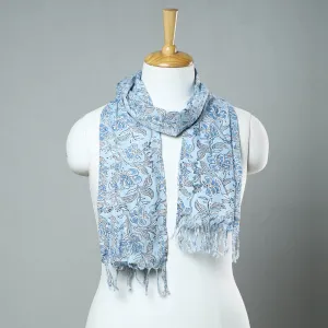 Blue - Sanganeri Block Printed Cotton Stole with Tassels 07