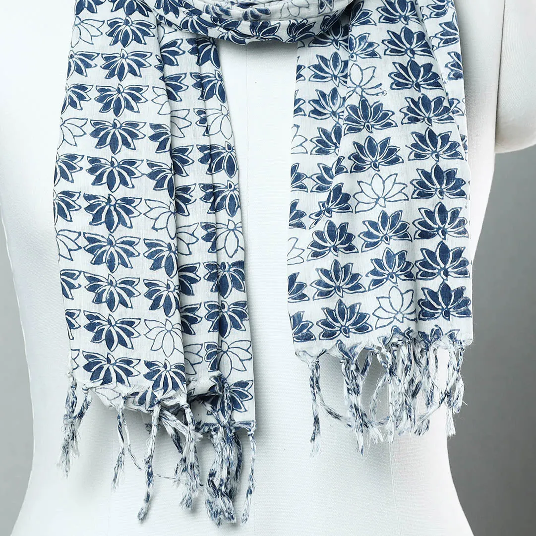 Blue - Sanganeri Block Printed Cotton Stole with Tassels 219