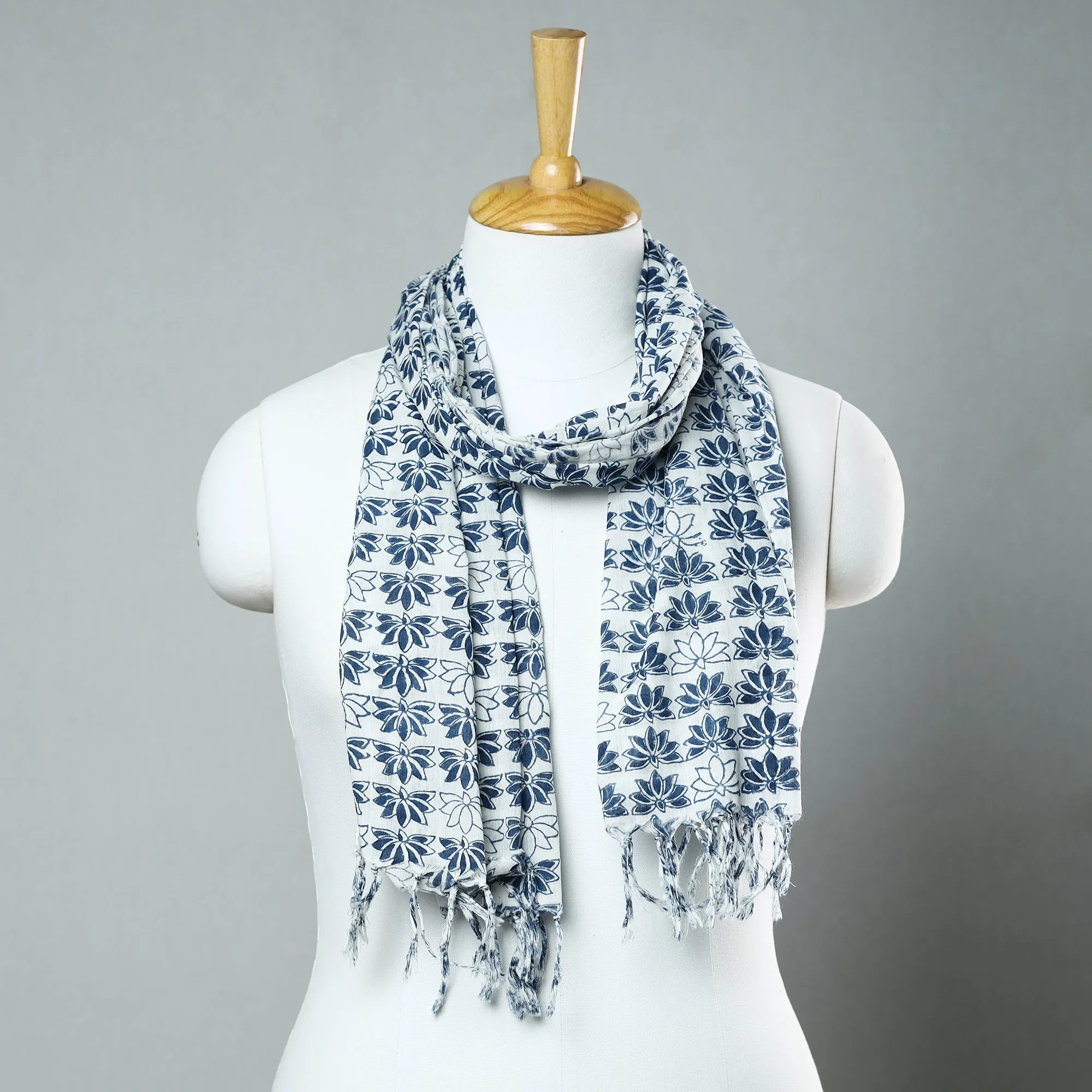 Blue - Sanganeri Block Printed Cotton Stole with Tassels 219