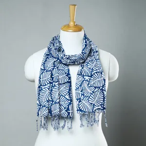 Blue - Sanganeri Block Printed Cotton Stole with Tassels 243