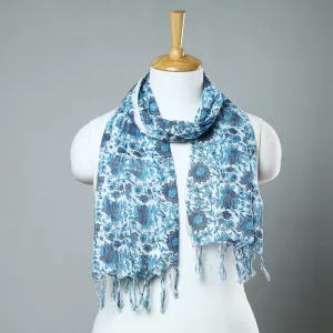 Blue - Sanganeri Block Printed Cotton Stole with Tassels 53