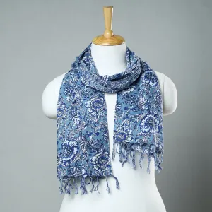 Blue - Sanganeri Block Printed Cotton Stole with Tassels 85