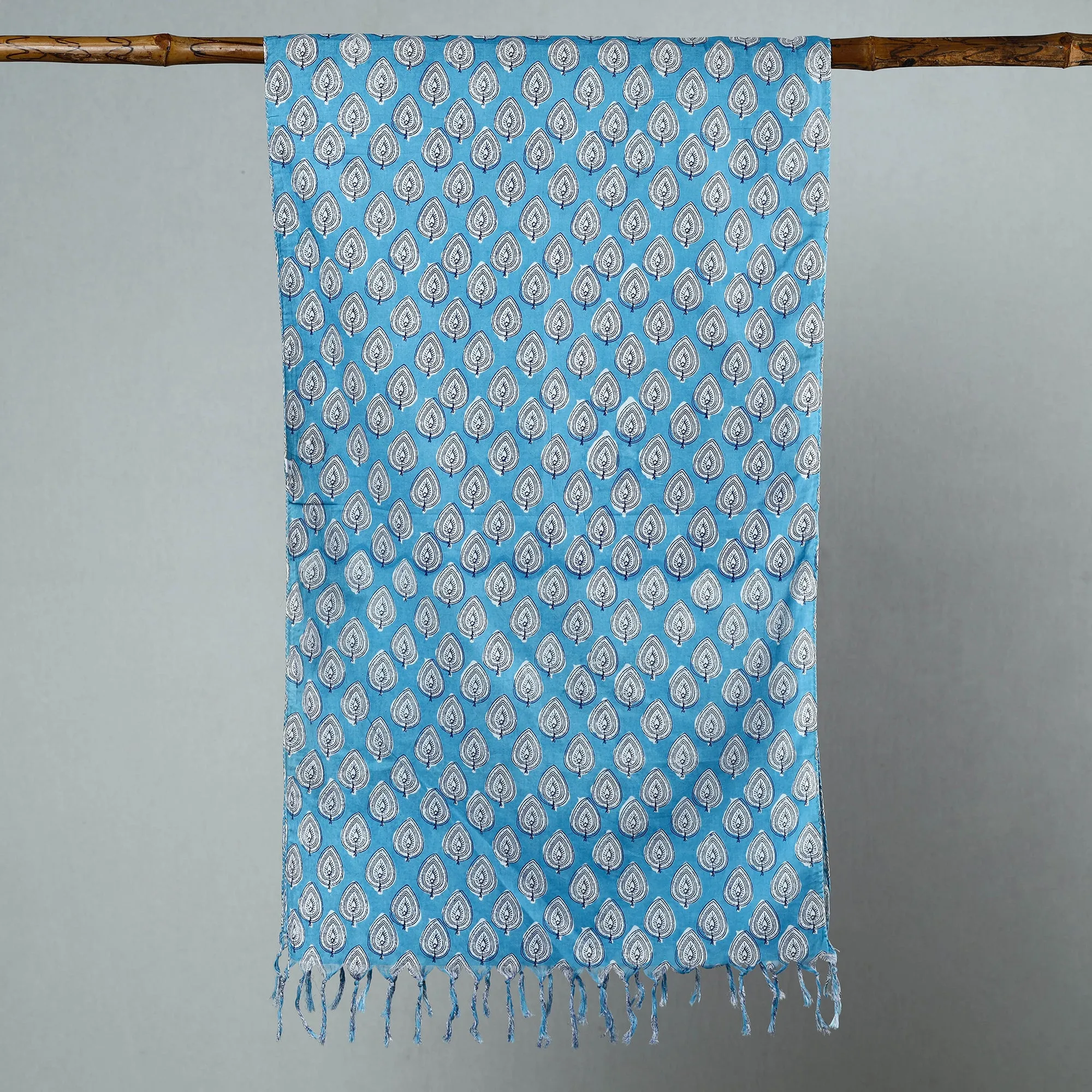 Blue - Sanganeri Block Printed Cotton Stole with Tassels 89