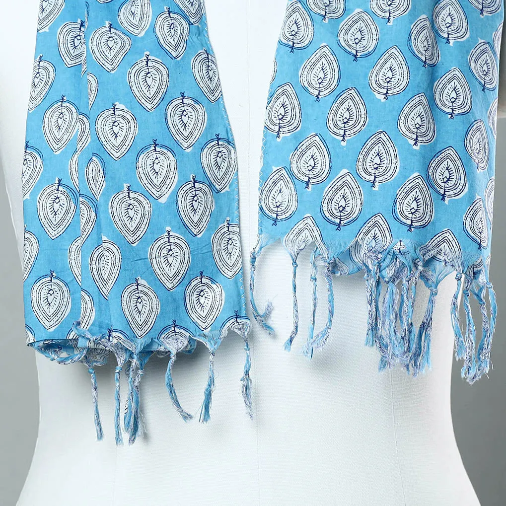 Blue - Sanganeri Block Printed Cotton Stole with Tassels 89