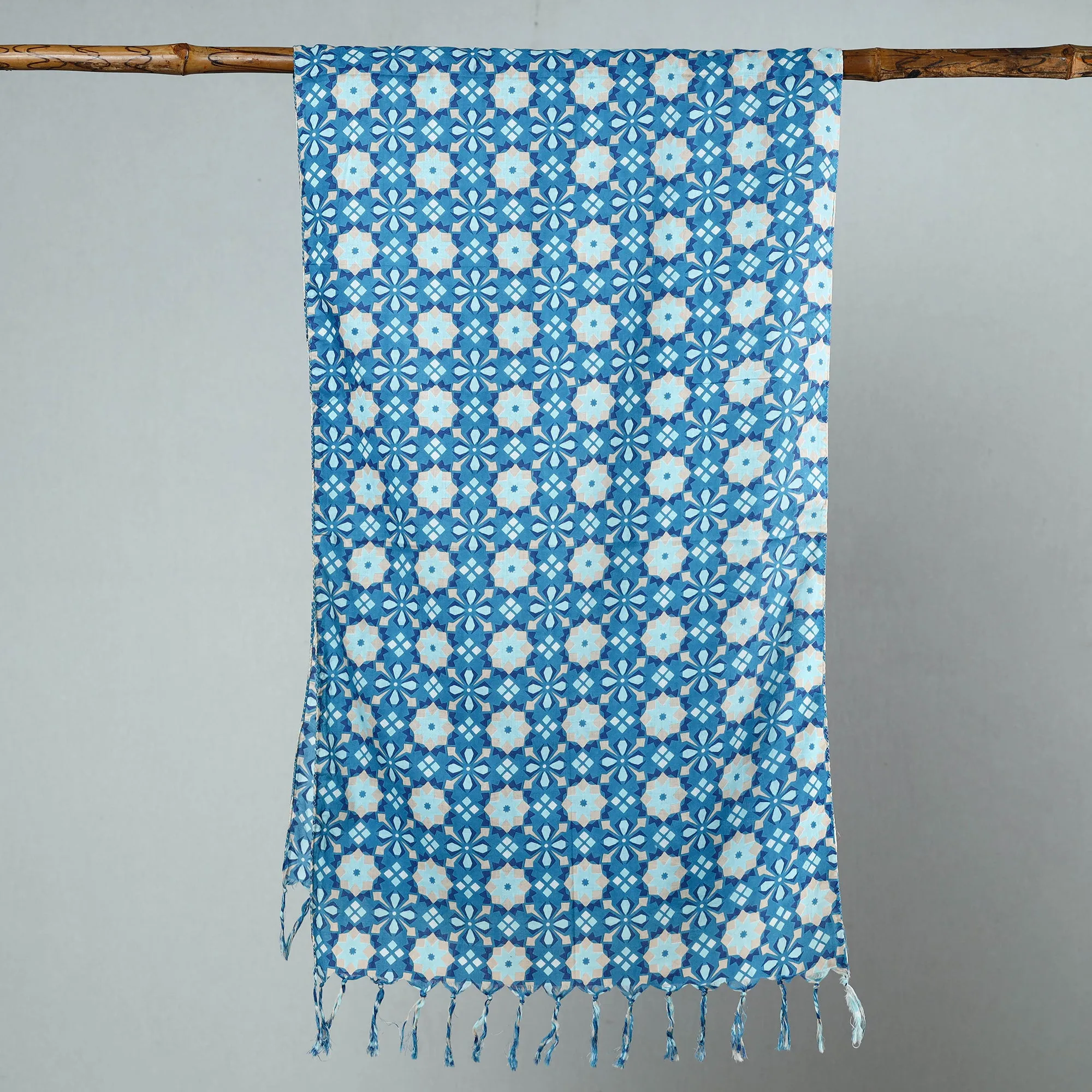 Blue - Sanganeri Block Printed Cotton Stole with Tassels 99