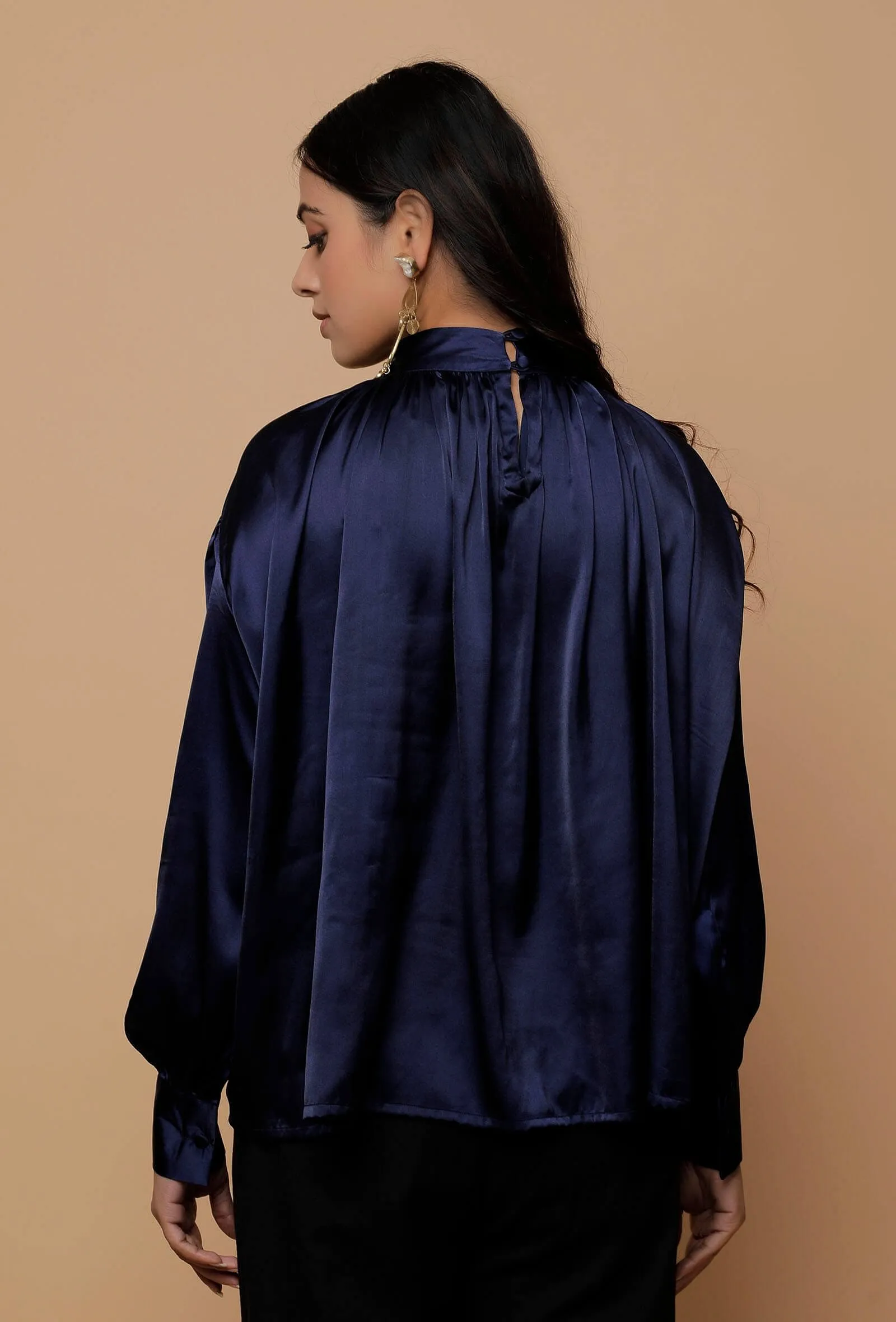 Blue Satin Bishop Sleeves Shirt