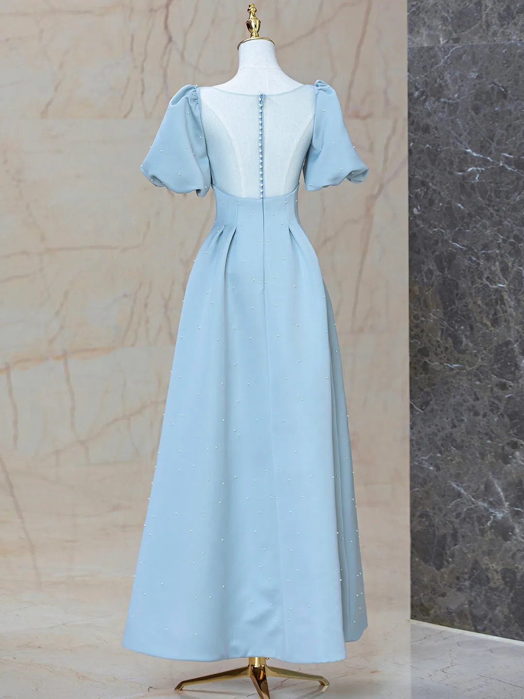 Blue Satin Pearl Long Prom Dress A-Line Blue Evening Party Dress