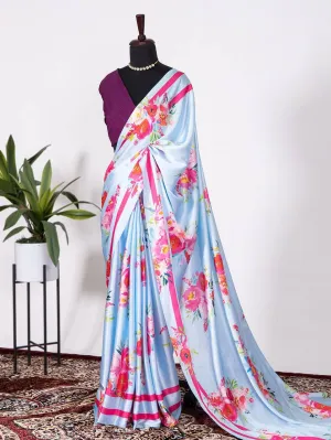 Blue Satin Silk Printed Saree