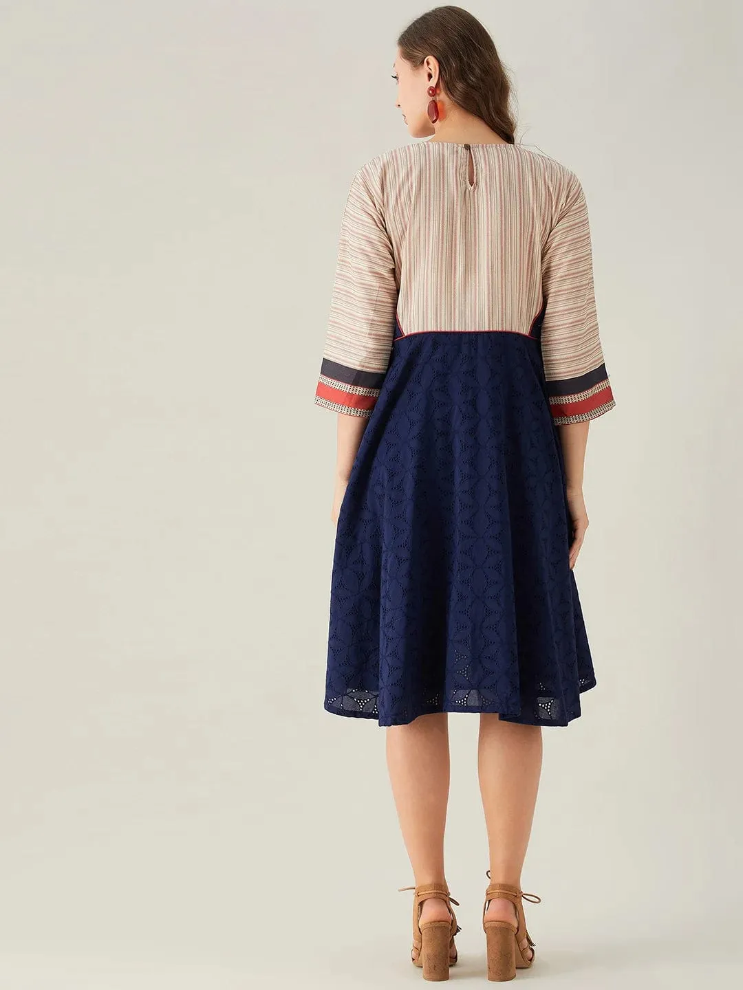 Blue Schiffli Dress with Embroidered Floral Yoke (Final Sale)