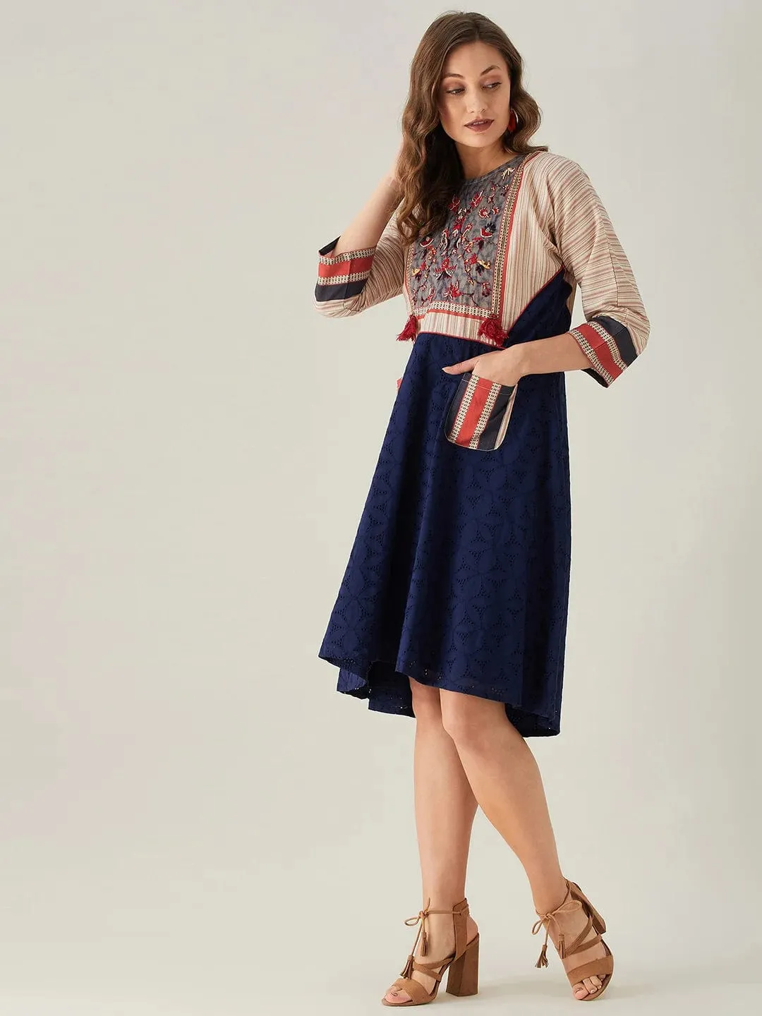 Blue Schiffli Dress with Embroidered Floral Yoke (Final Sale)