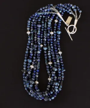 Blue Sea Sediment Jasper Rounds 5-Strand Necklace with Hill Tribe Silver Fluted Bicones & Stamped Rondelle Beads, Lapis Lazuli Squares, Czech Glass Ridged Bicones & Teardrops, and Sterling Silver Cones & Hammered Toggle Clasp