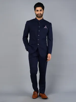 Blue Self Design Regular Fit Jodhpuri Suit | JadeBlue