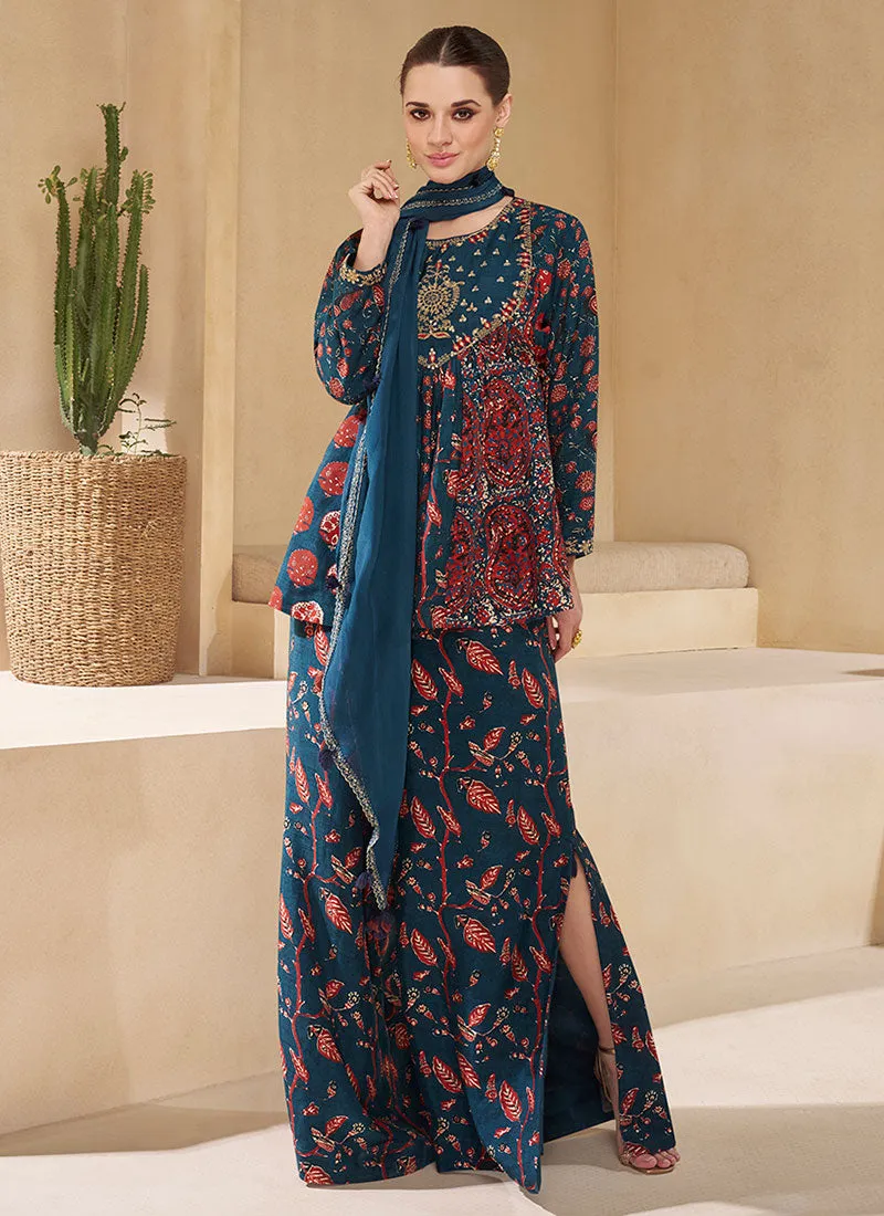 Blue Sequence Embroidery Party Wear Sharara Suit