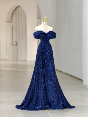 Blue Sequins Long Prom Dress Off the Shoulder Blue Evening Dress