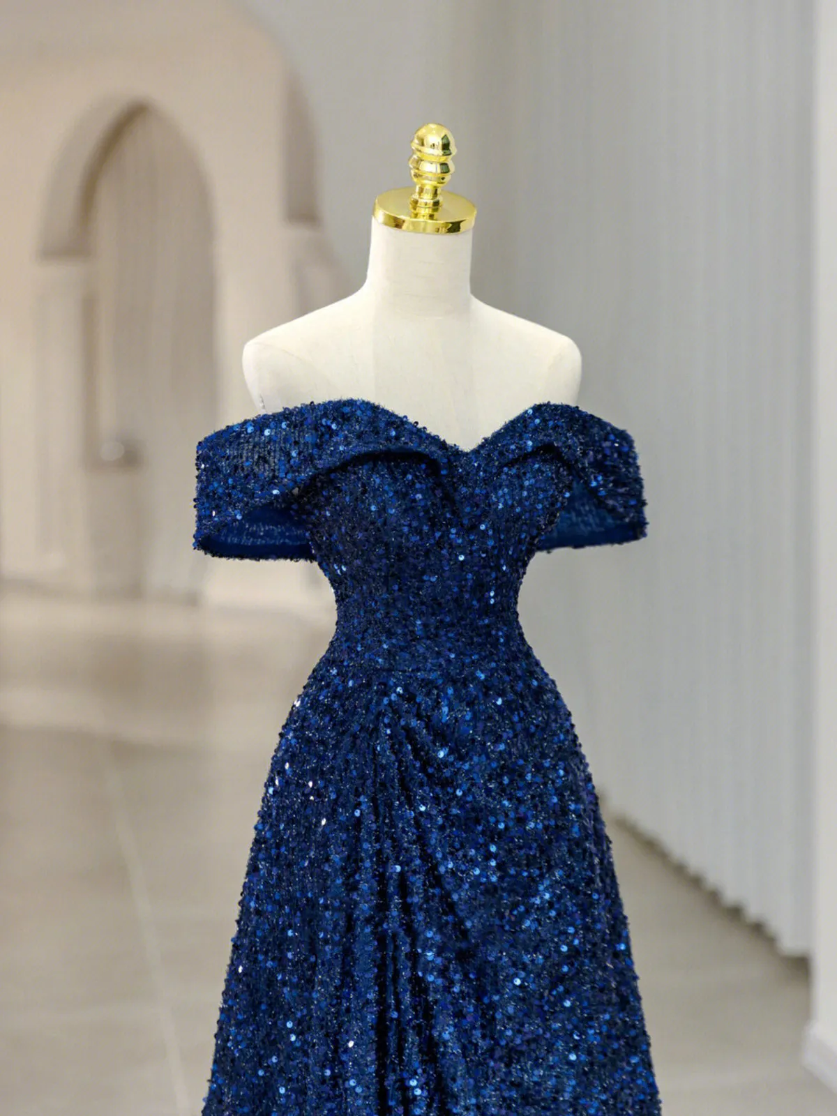 Blue Sequins Long Prom Dress Off the Shoulder Blue Evening Dress