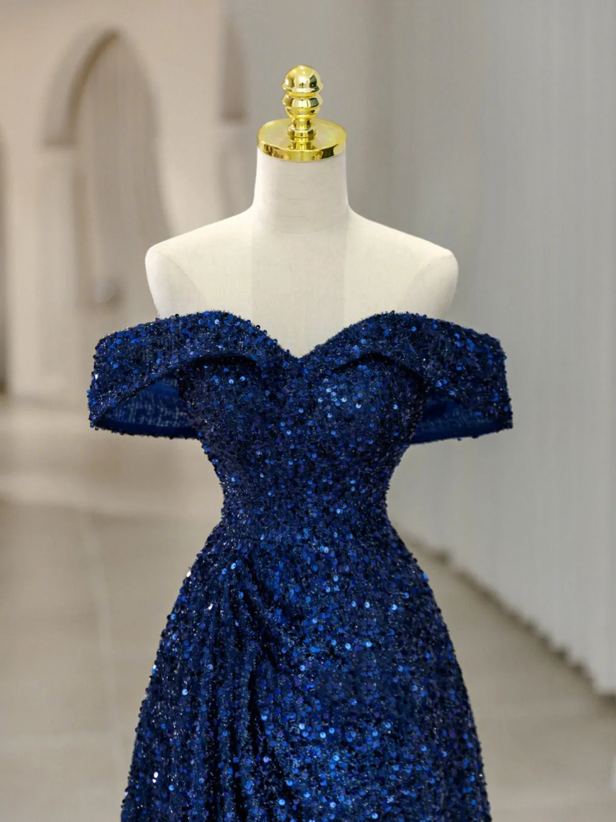 Blue Sequins Long Prom Dress Off the Shoulder Blue Evening Dress