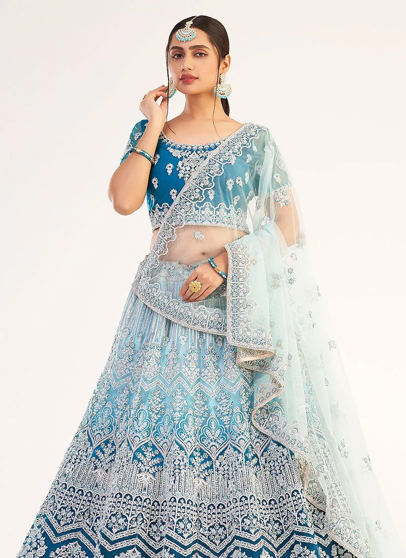 Blue Shaded Designer Embroidered Soft Net Wedding Lehenga Choli