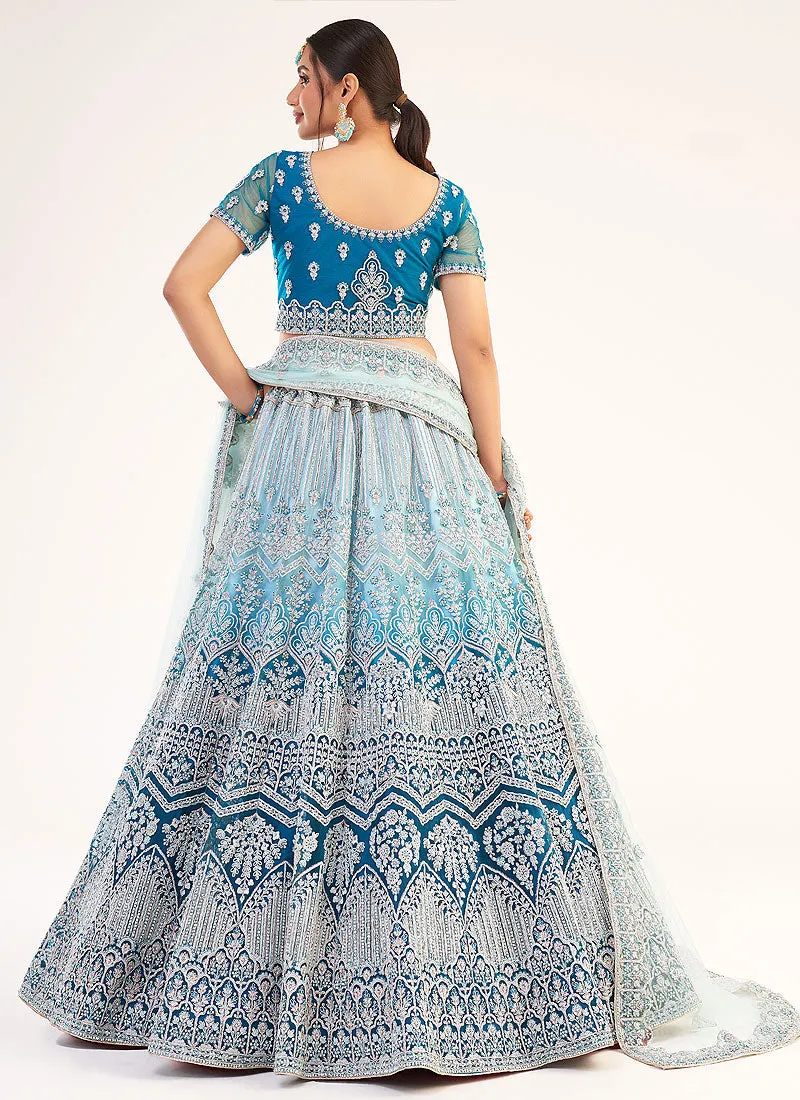 Blue Shaded Designer Embroidered Soft Net Wedding Lehenga Choli