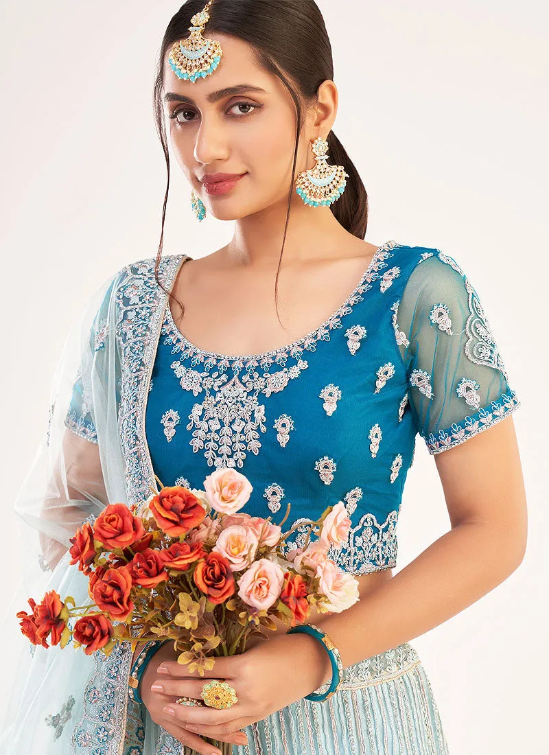 Blue Shaded Designer Embroidered Soft Net Wedding Lehenga Choli