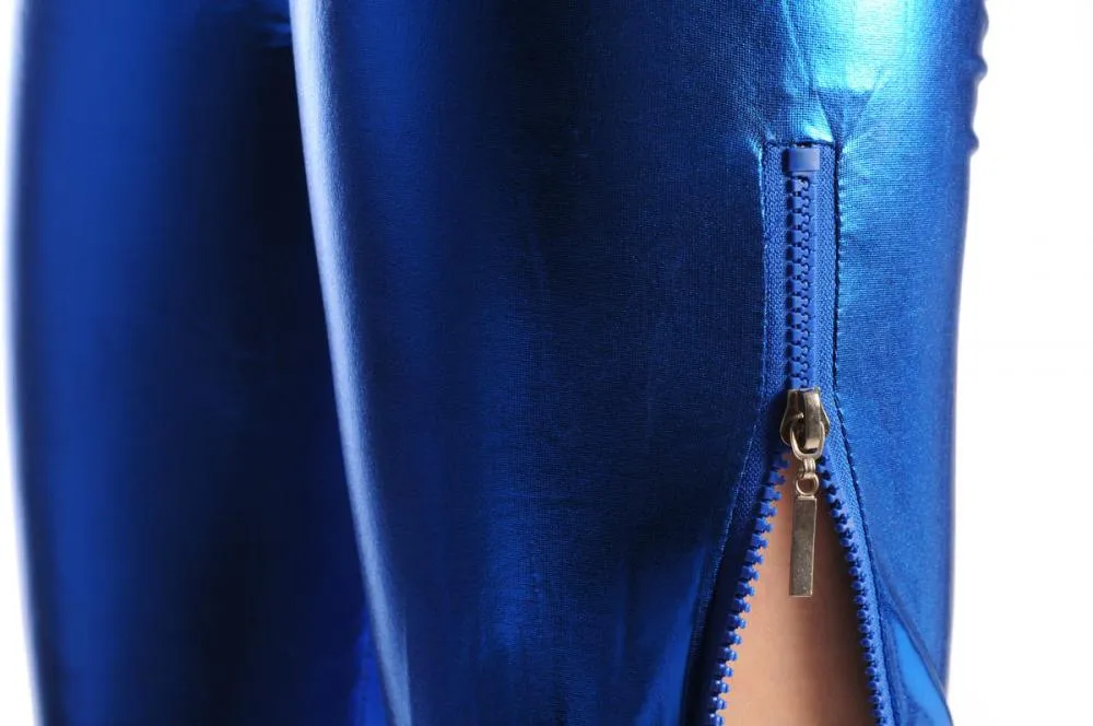 Blue Shiny Faux Leather Wet Look With Side Zip