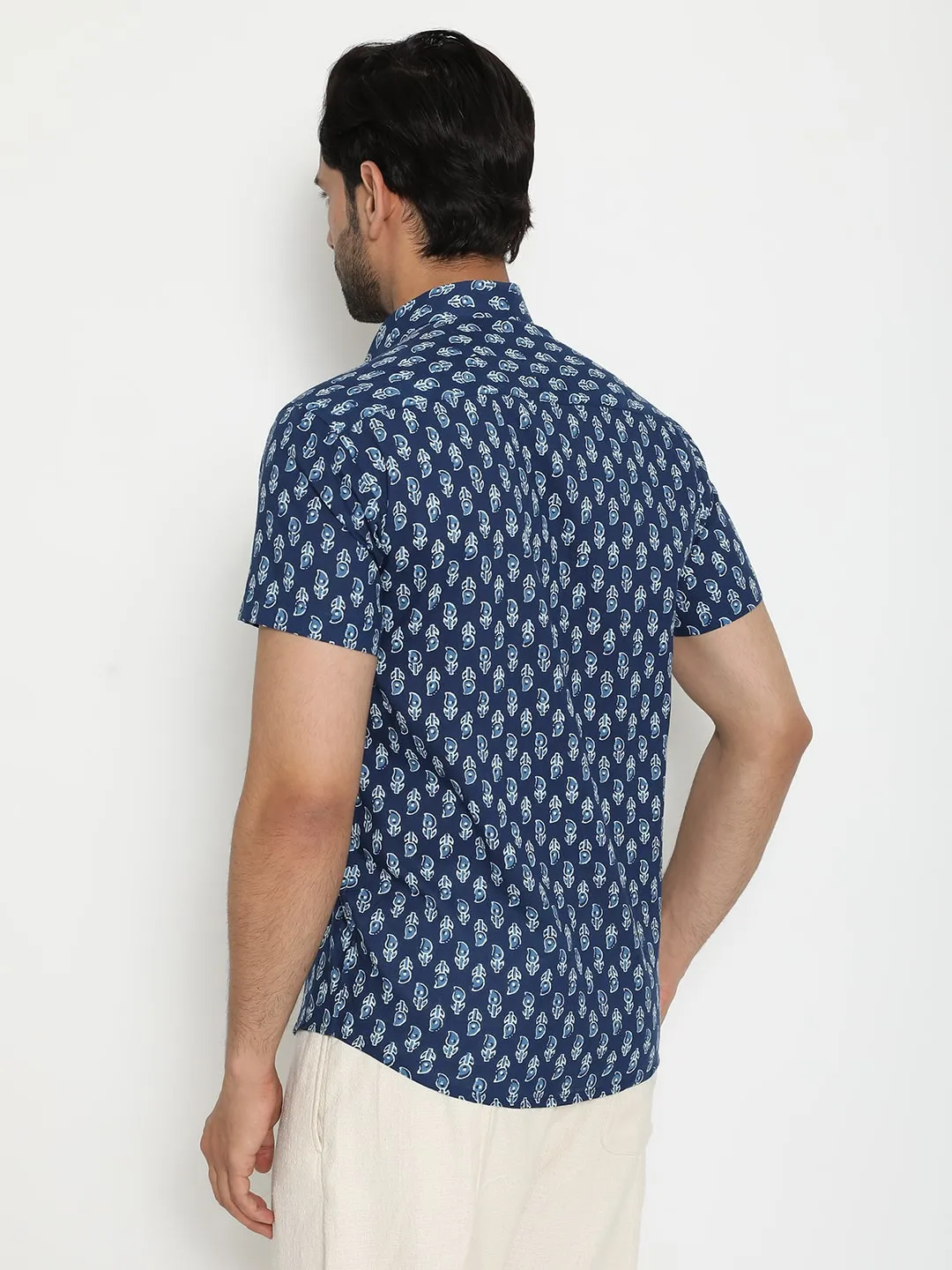 Blue Short Sleeve Cotton Hand Block Printed Men’s Shirt