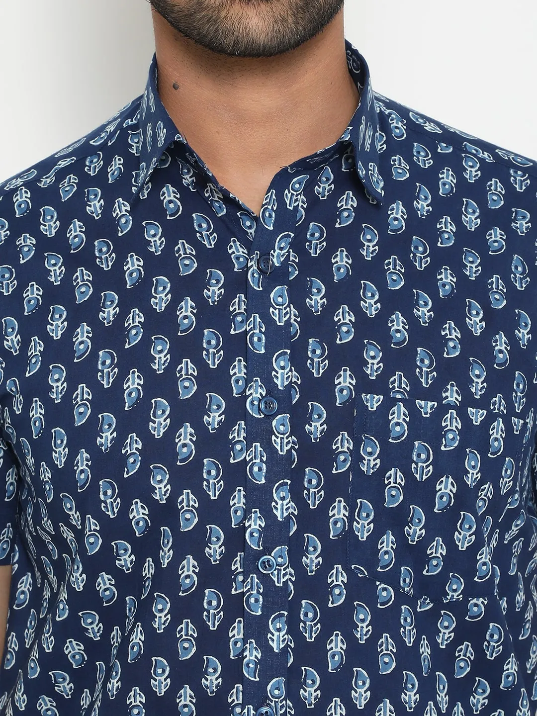 Blue Short Sleeve Cotton Hand Block Printed Men’s Shirt