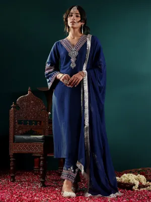 Blue Silk Blend Embroidered Suit Set with Silk Chiffon Dupatta