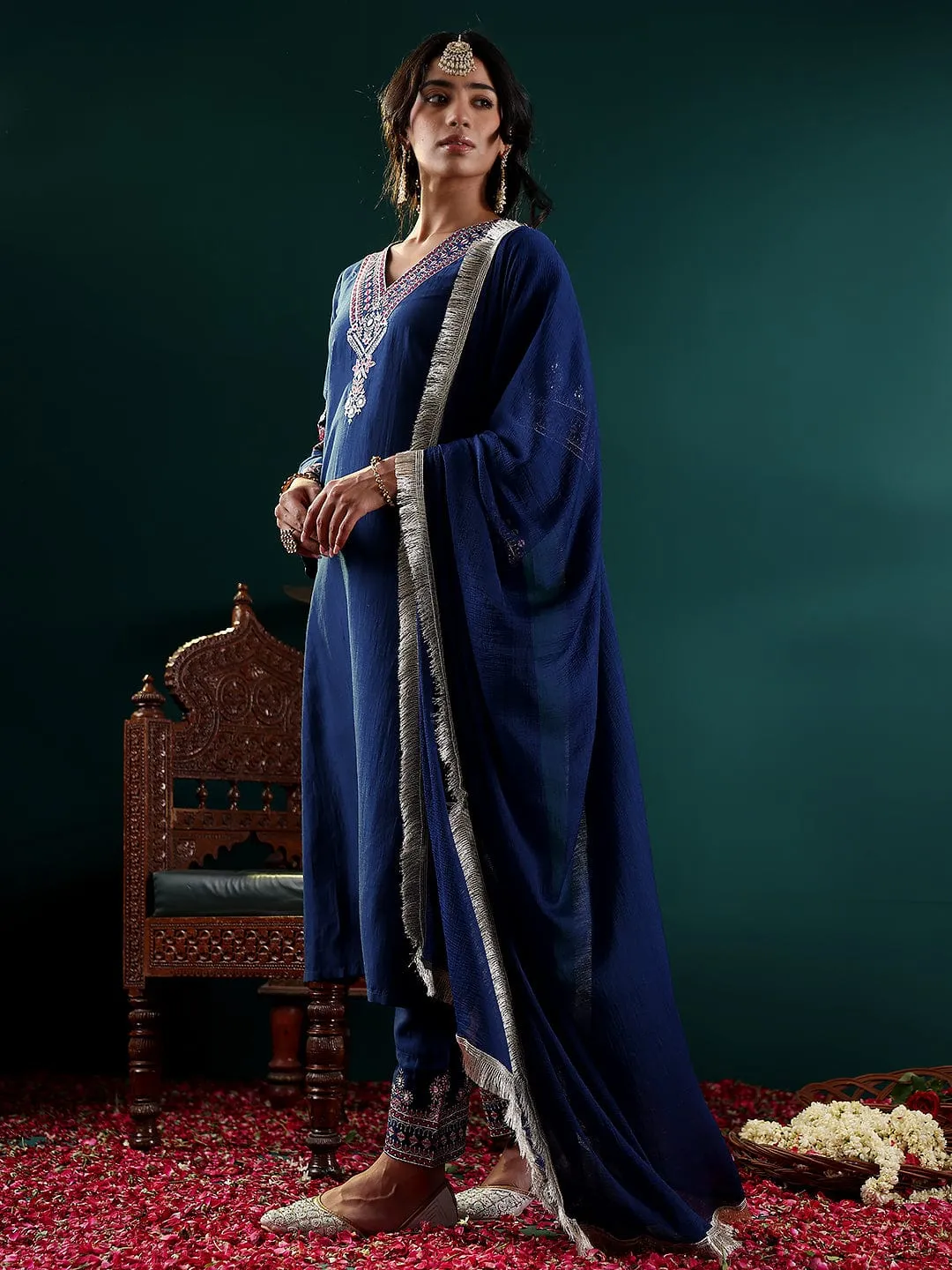 Blue Silk Blend Embroidered Suit Set with Silk Chiffon Dupatta