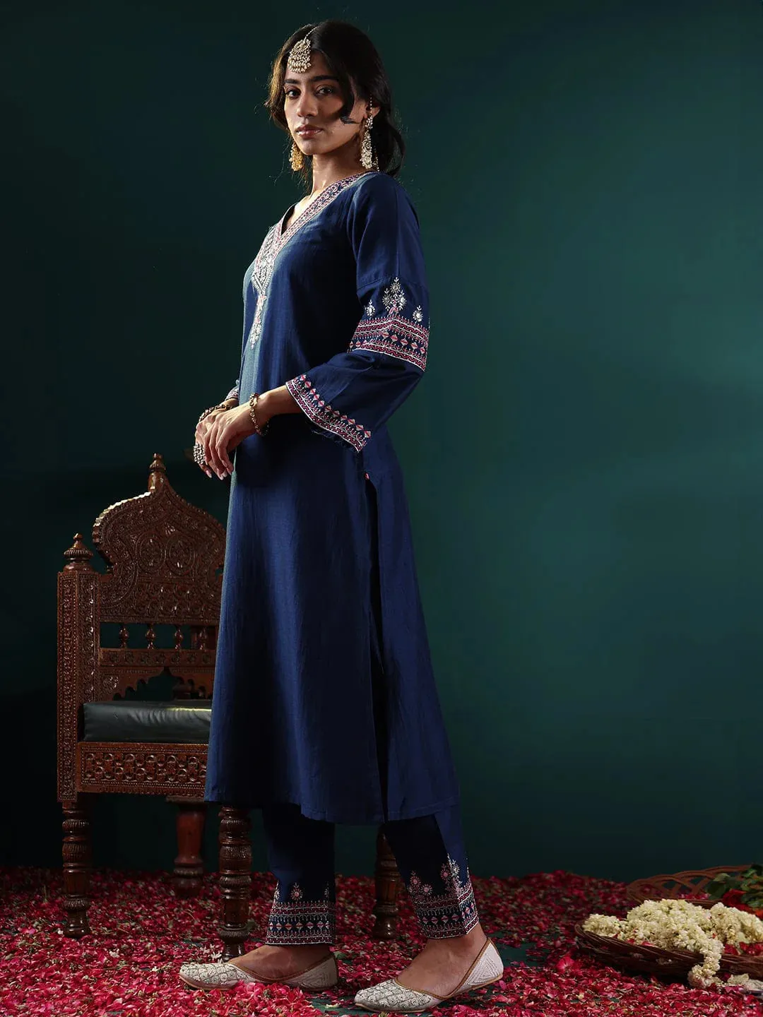 Blue Silk Blend Embroidered Suit Set with Silk Chiffon Dupatta