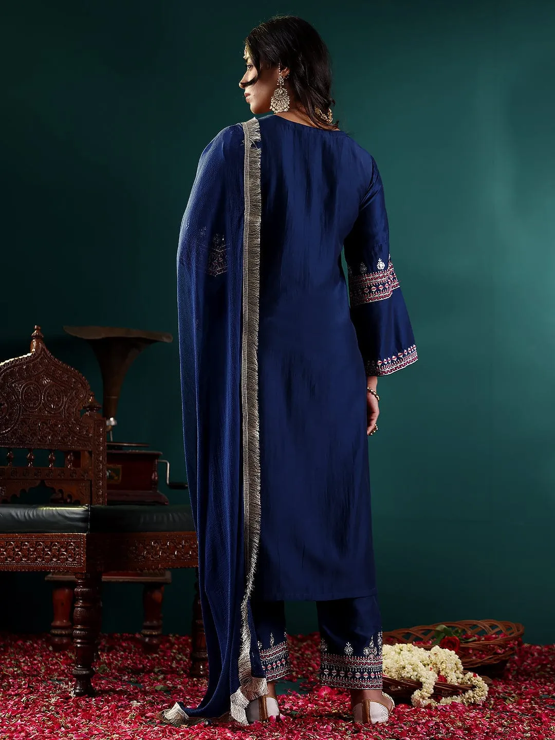 Blue Silk Blend Embroidered Suit Set with Silk Chiffon Dupatta