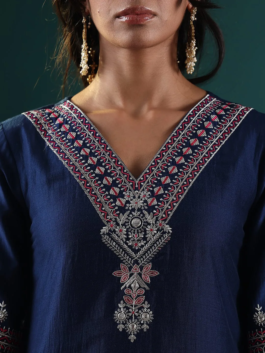 Blue Silk Blend Embroidered Suit Set with Silk Chiffon Dupatta