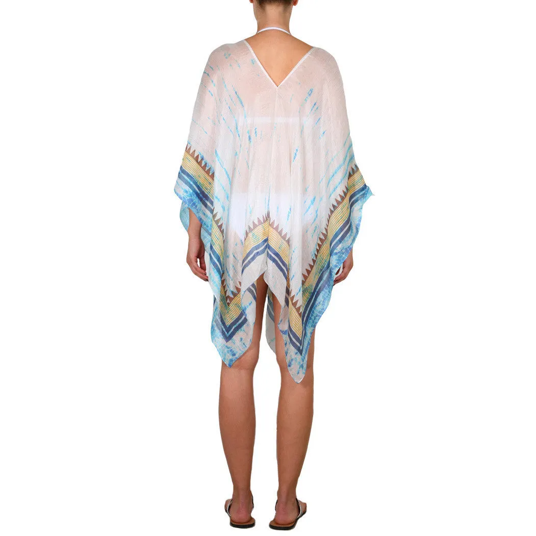 Blue Silk Block Printed Tie Dye Petite Poncho