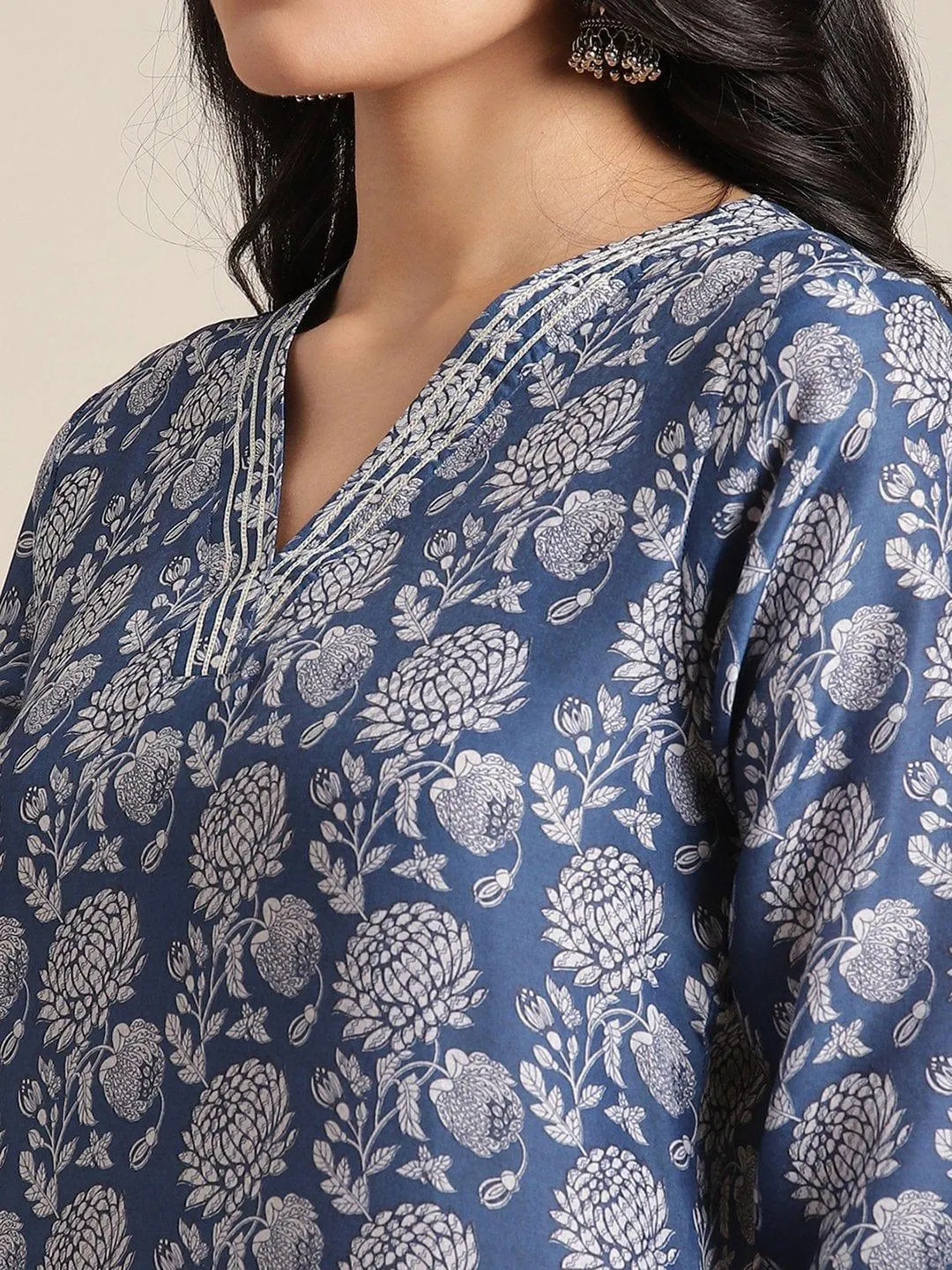 Blue Silk Floral Printed Kurta With Gota Work On Yoke And 3/4 Sleeves