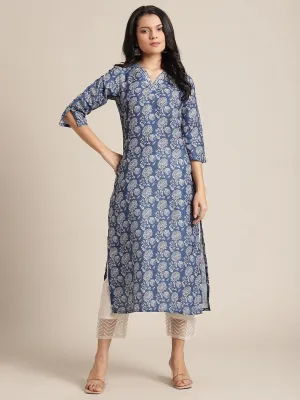 Blue Silk Floral Printed Kurta With Gota Work On Yoke And 3/4 Sleeves